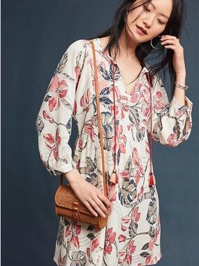Anthropologie Inverewe Floral V-Neck Tunic Dress in Cream Coral & Navy Tassle MP